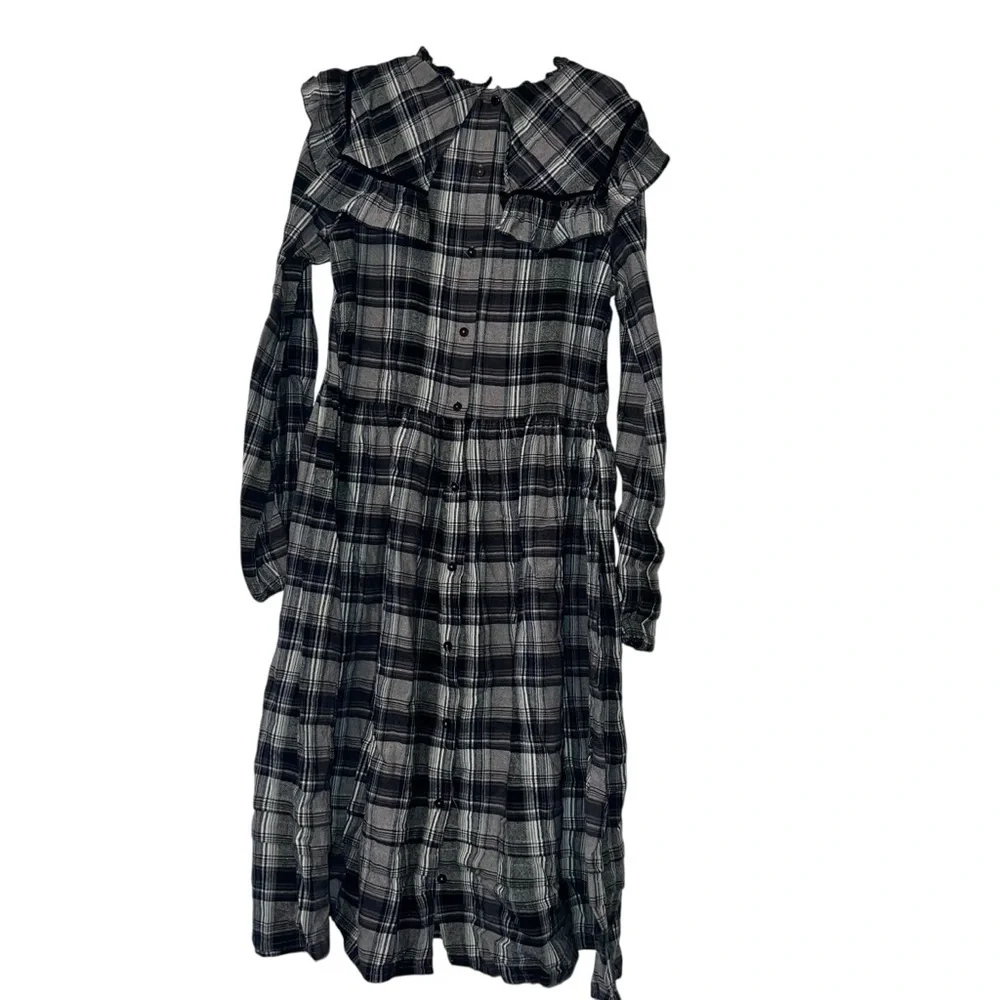 Louisella gray blue Plaid Long Sleeve girls Dress Sz 12 large yoke collar modest - Picture 2 of 3